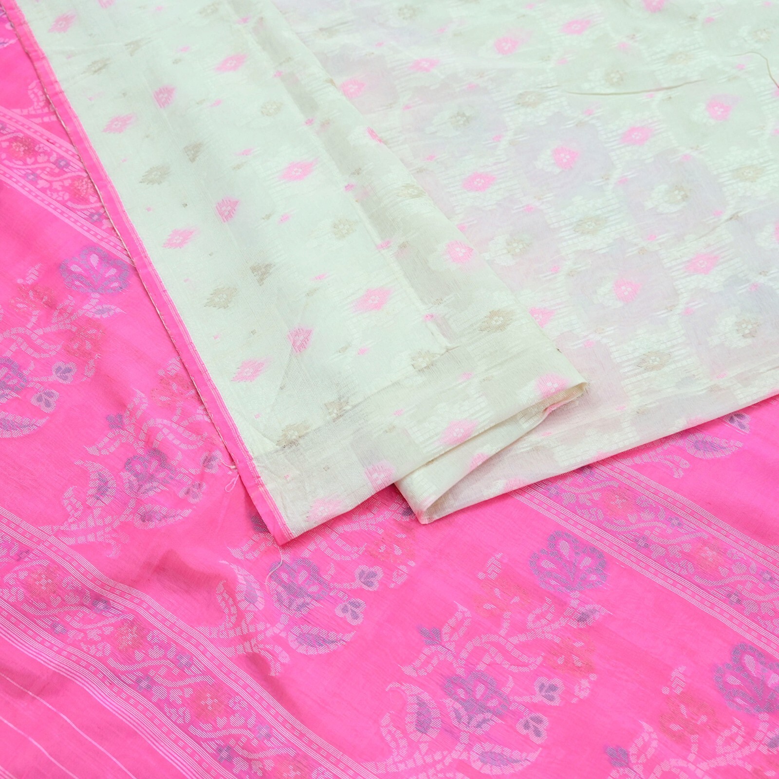 Indian Vintage Sari Ivory & Pink Pure Silk Hand Woven Sarees Craft Fabric 5yd