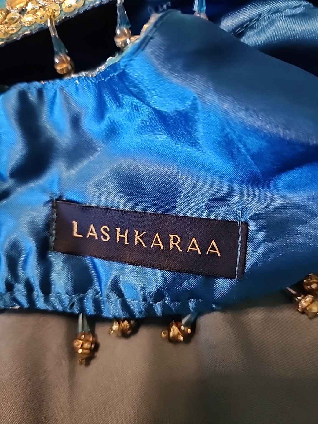 LASHKARAA NWT Choli Top Only Aqua Blue Gold Beaded Gorgeous 30″ Length = Small