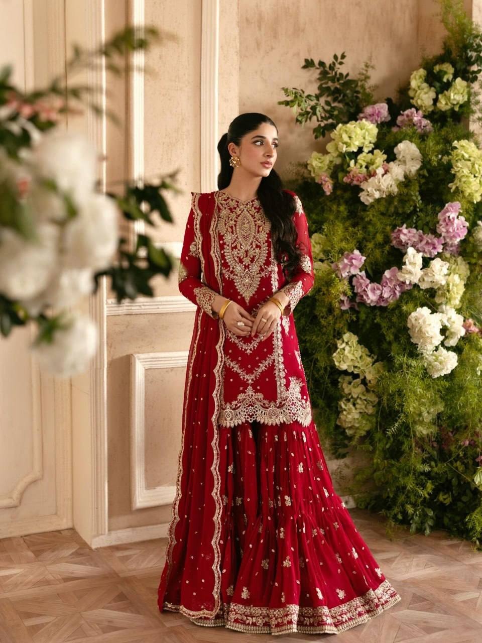 Exclusive Designer Red Faux Georgette Kurta Palazzo With Dupatta For Wedding