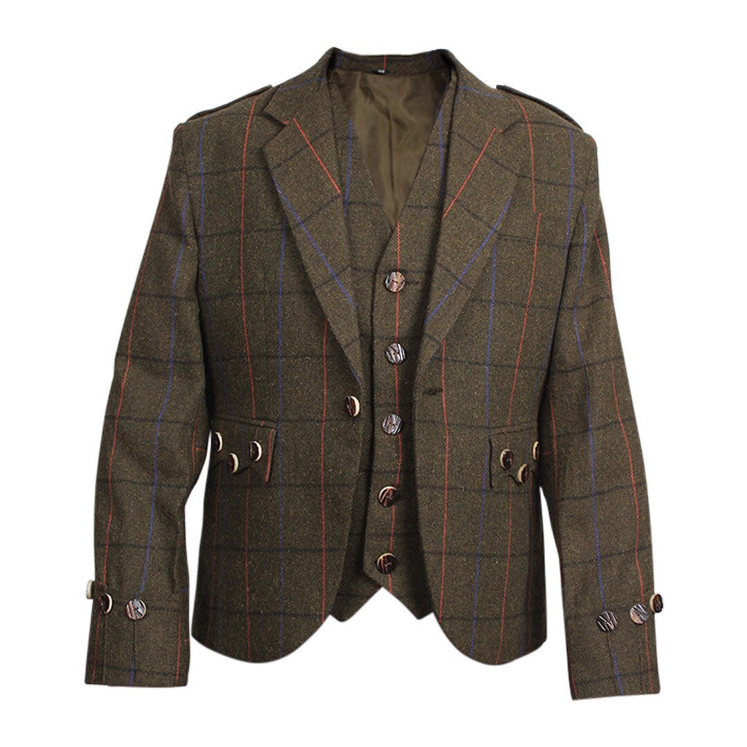 Men’s Scottish Brown Tweed Argyle Style Jacket with 5 Button Vest