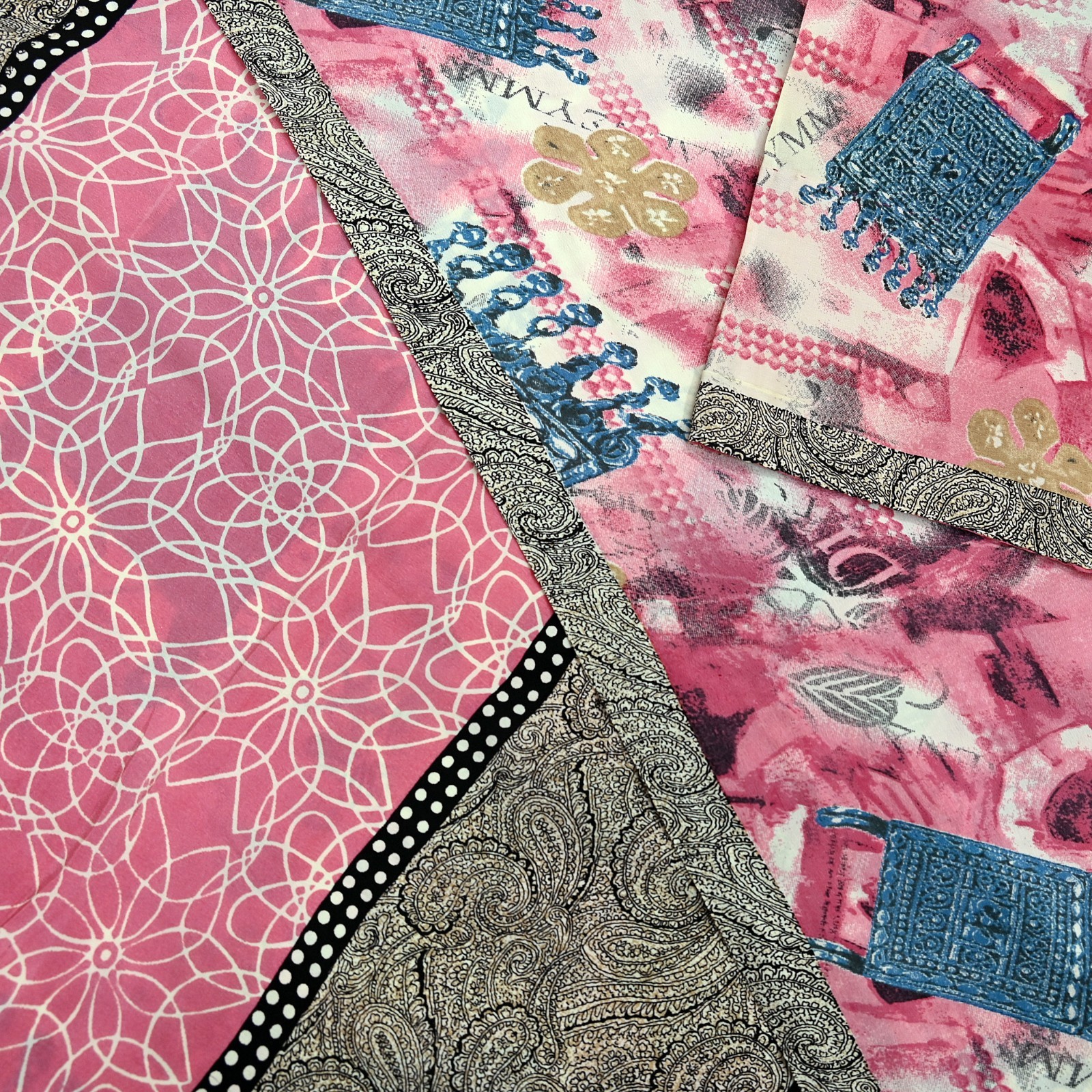Vintage Pink & Ivory Saree Pure Crepe Silk Printed Sari Craft Fabric 5yd Sewing