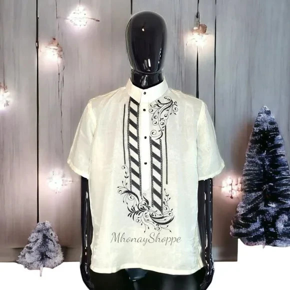 POLO Barong Tagalog Men’s Shirt Black | Filipino Premium Organza Embroidered
