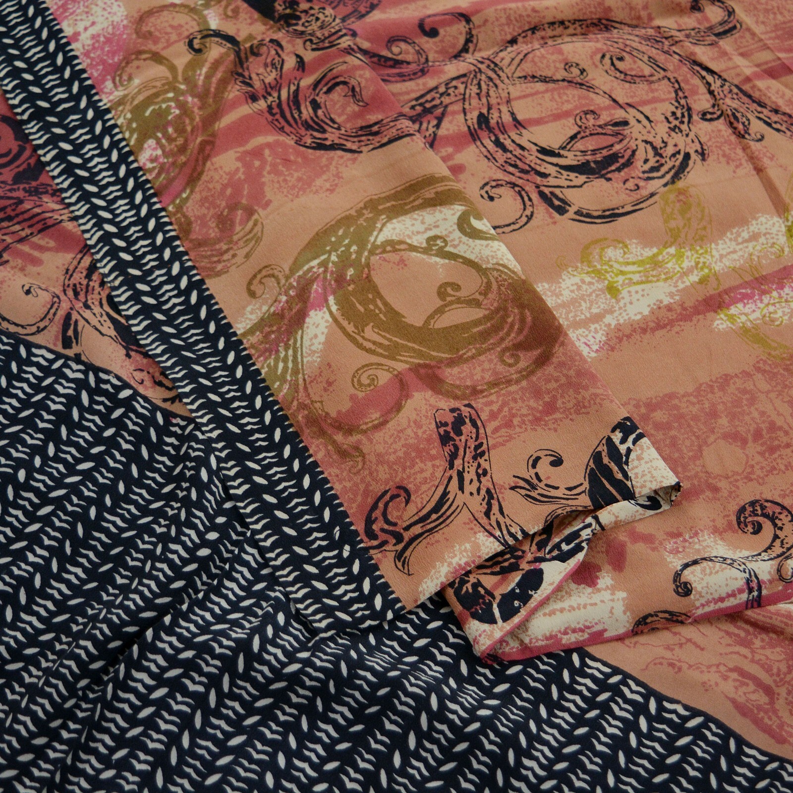 Vintage Sari Brown & Black Pure Crepe Silk Printed Saree 5yd Sewing Dress Making