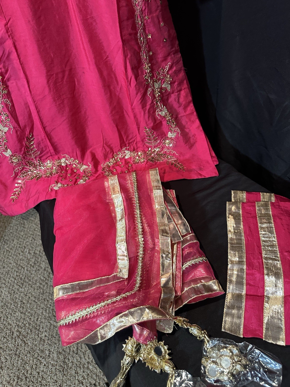 ASIAN STITCH ZARQUN BRAND – Emb Raw Silk Front & Back Emb, Net Lux Dupatta – $75