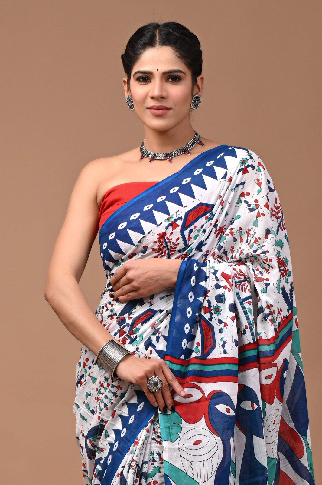 Indian Printed White Pure Cotton Mulmul Saree With Blouse, 5.50 Meter Sari
