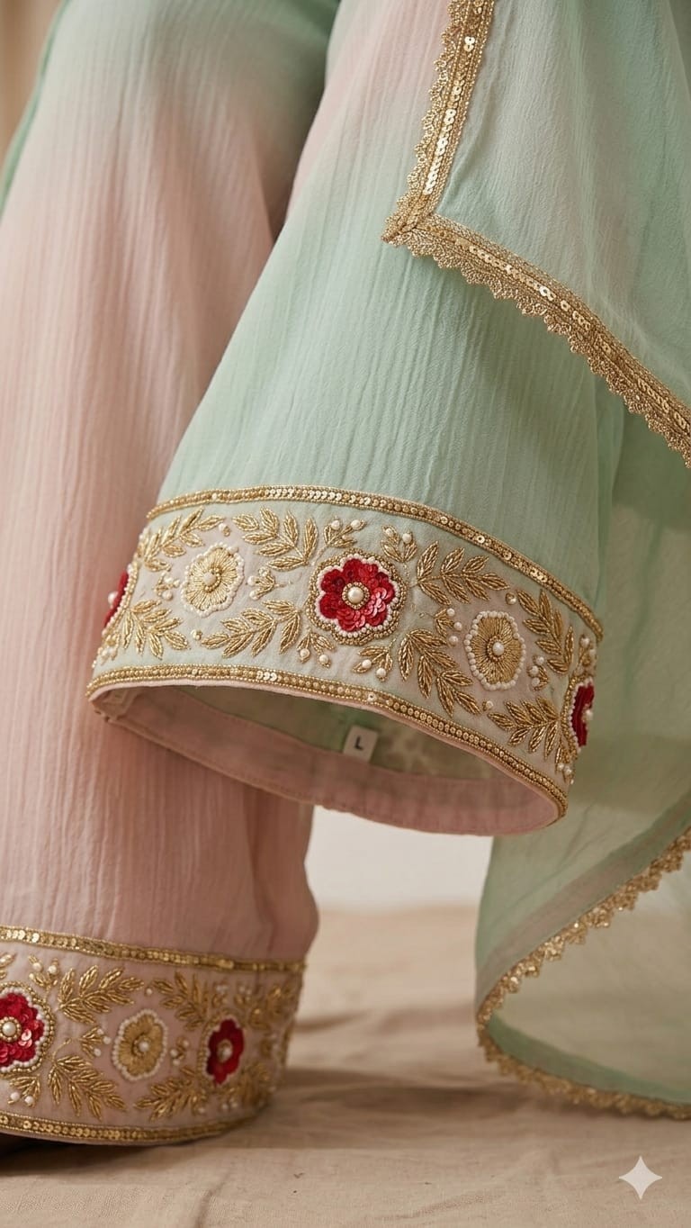 Custom Handmade Blush Pink Crinkle Chiffon Salwar Kameez Suit | Hand Embroidered