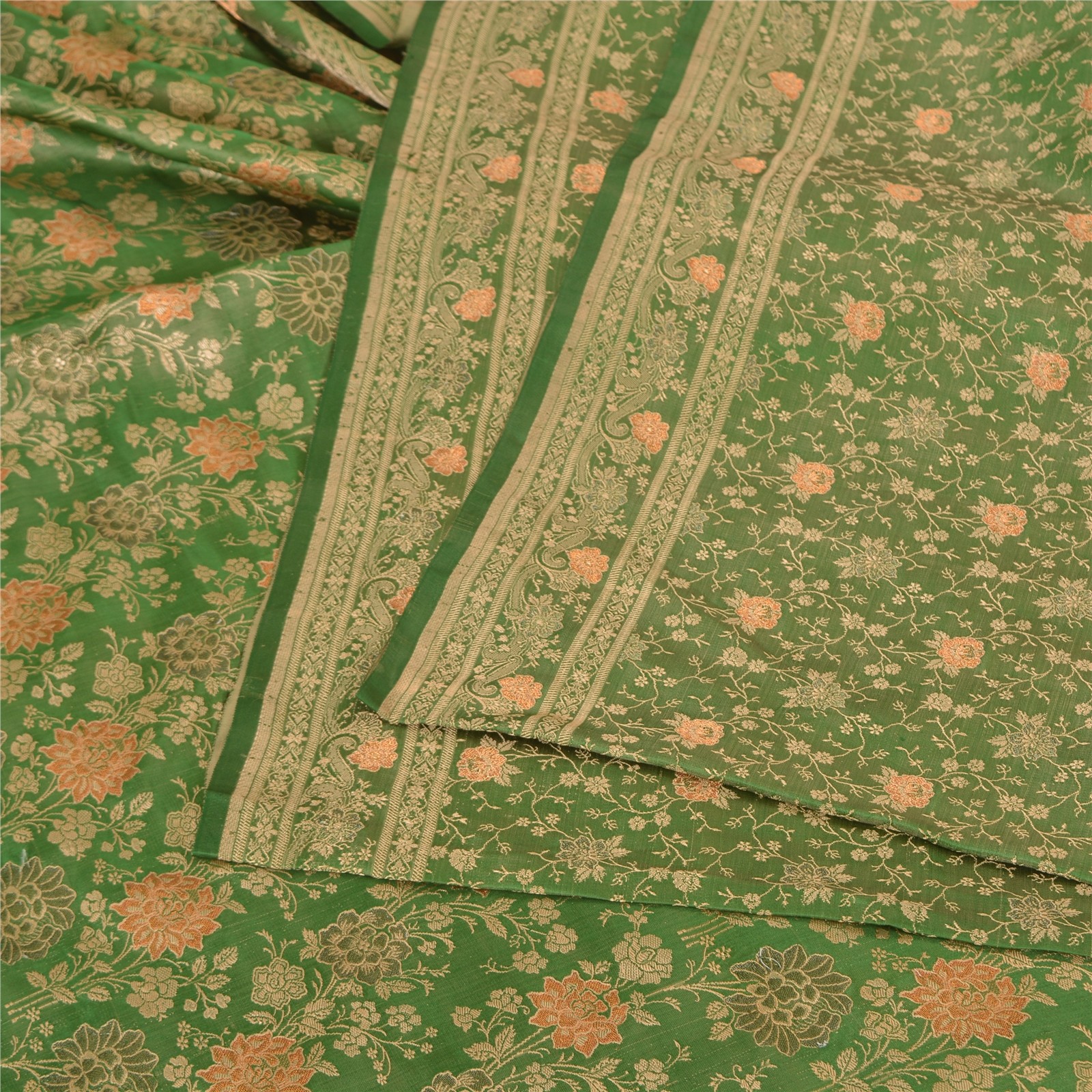 Sanskriti Vintage Indian Sarees Pure Satin Silk Green Banarasi Woven Fabric Sari