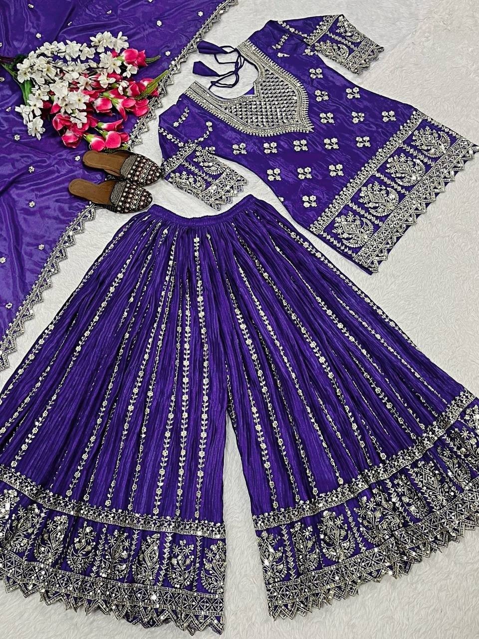 Latest Heavy Chinon Silk Purple Top Palazzo With Dupatta For Functional Wear