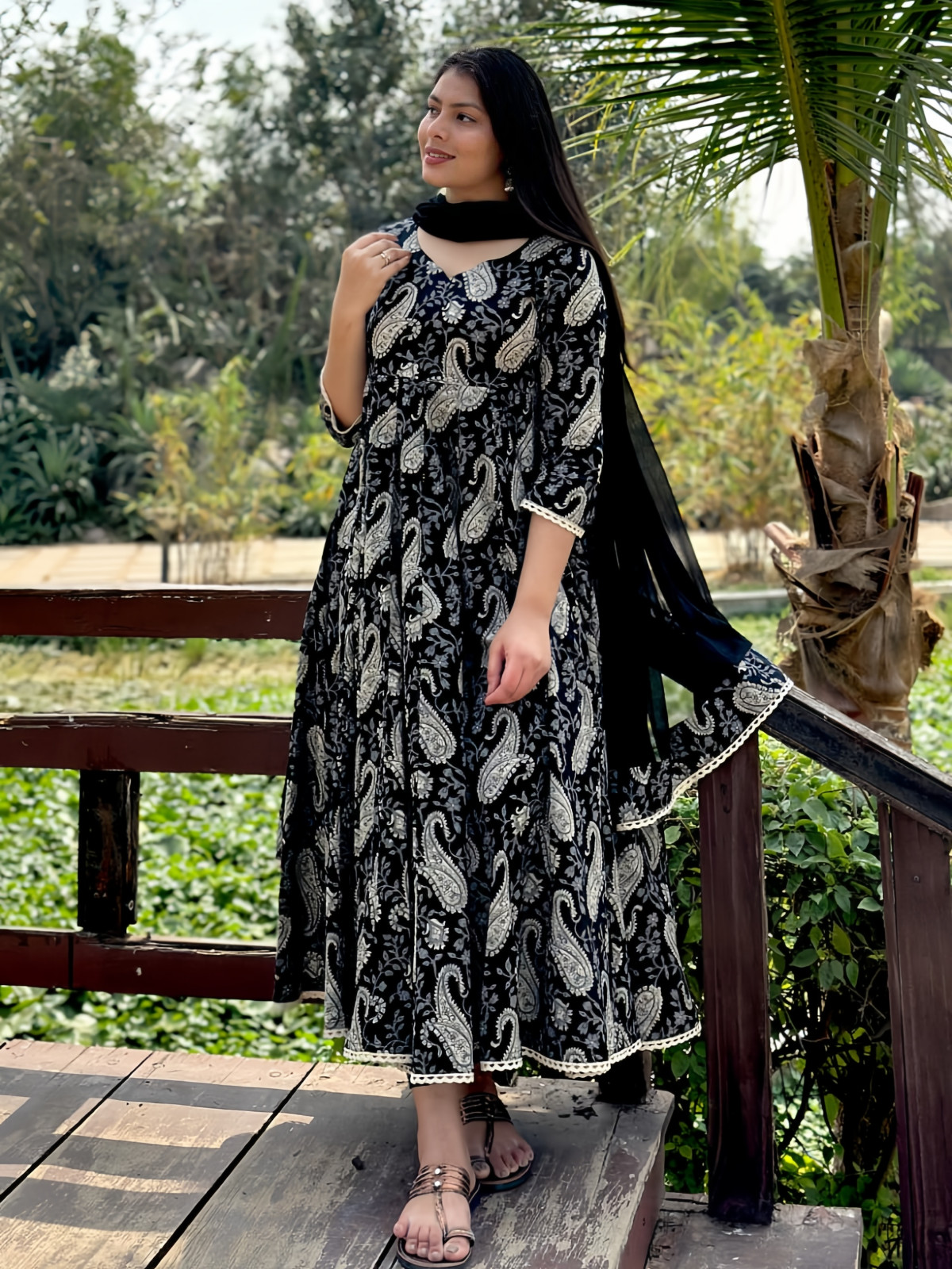 Paisley Print Anarkali Dress with Black Dupatta Floor Length