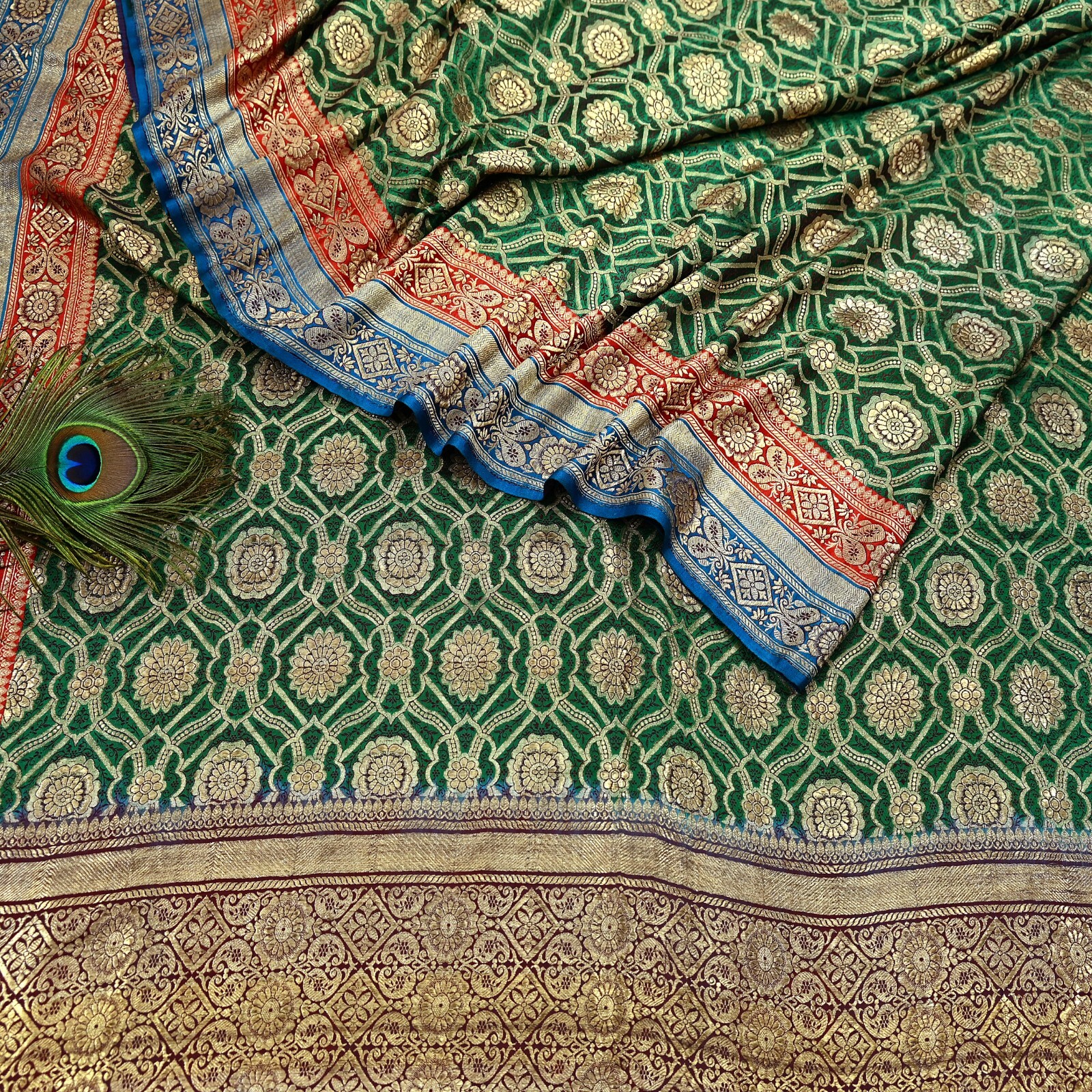 Antique Vintage Heavy Sari Green Pure Satin Silk Hand Woven Banarasi Sarees 5yd