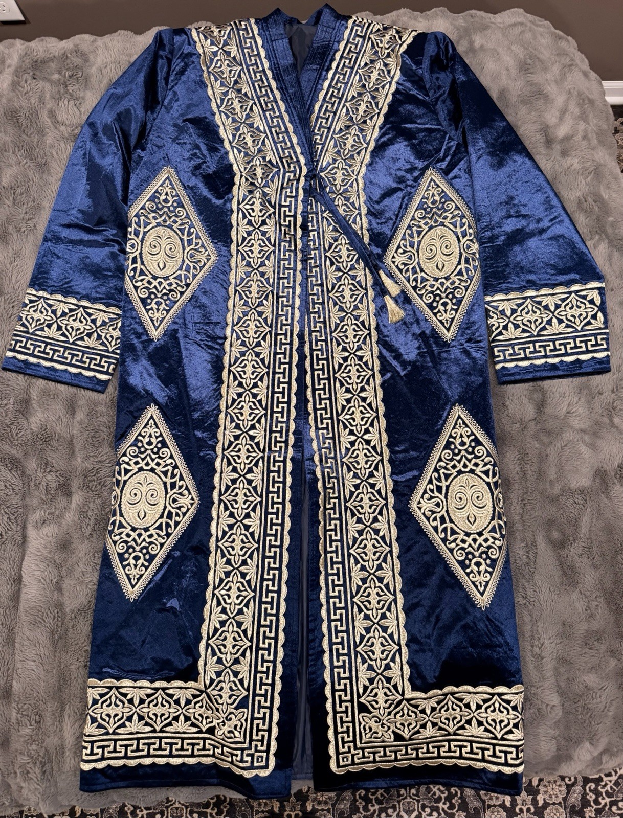 Uzbek/Tajik Zardozi Handmade Blue Velvet Gold Embroidery Trim Chapan Kaftan Robe