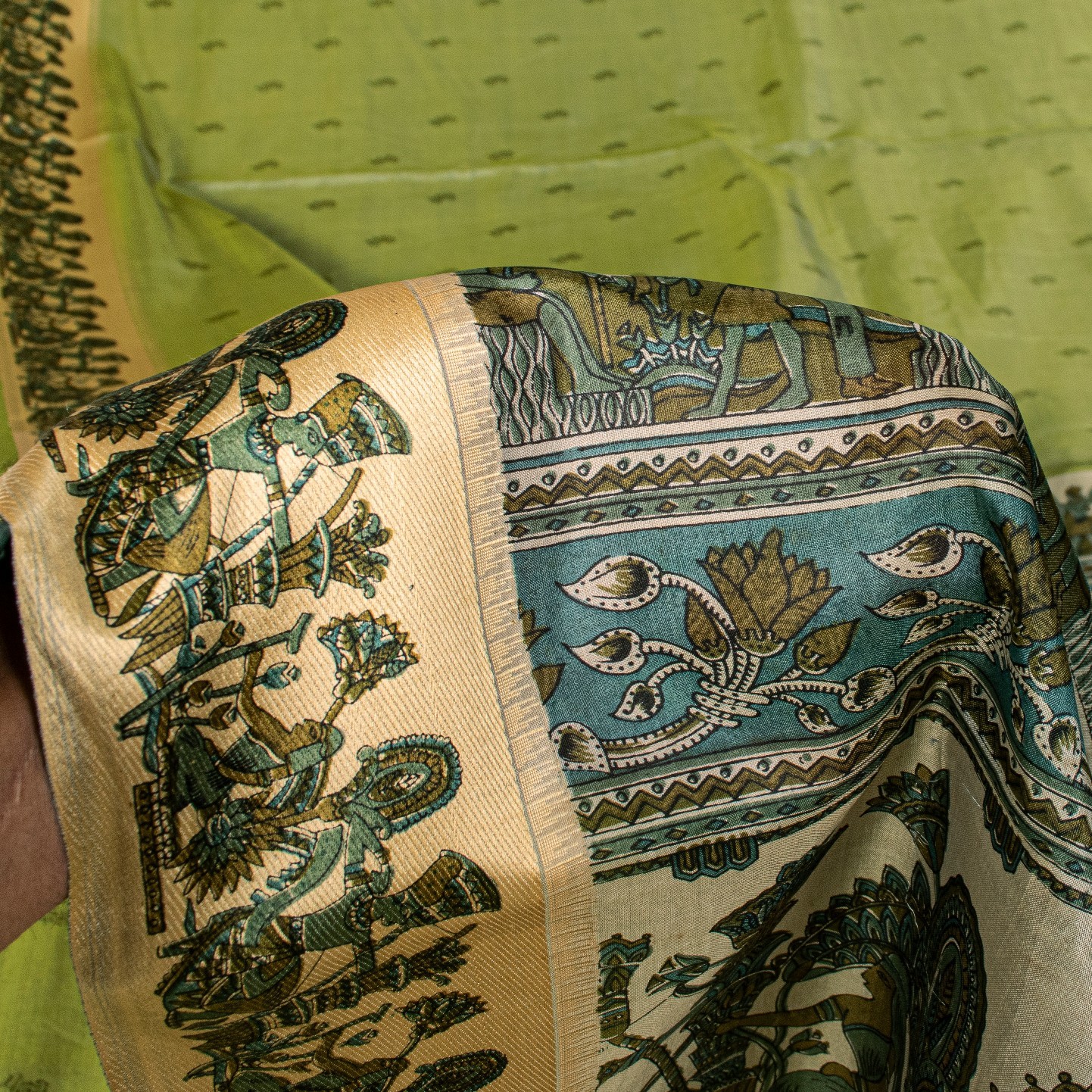 Sanskriti Vintage Sari Green Soft Pure Silk Kalamakari Digital Print Saree 5.5Yd
