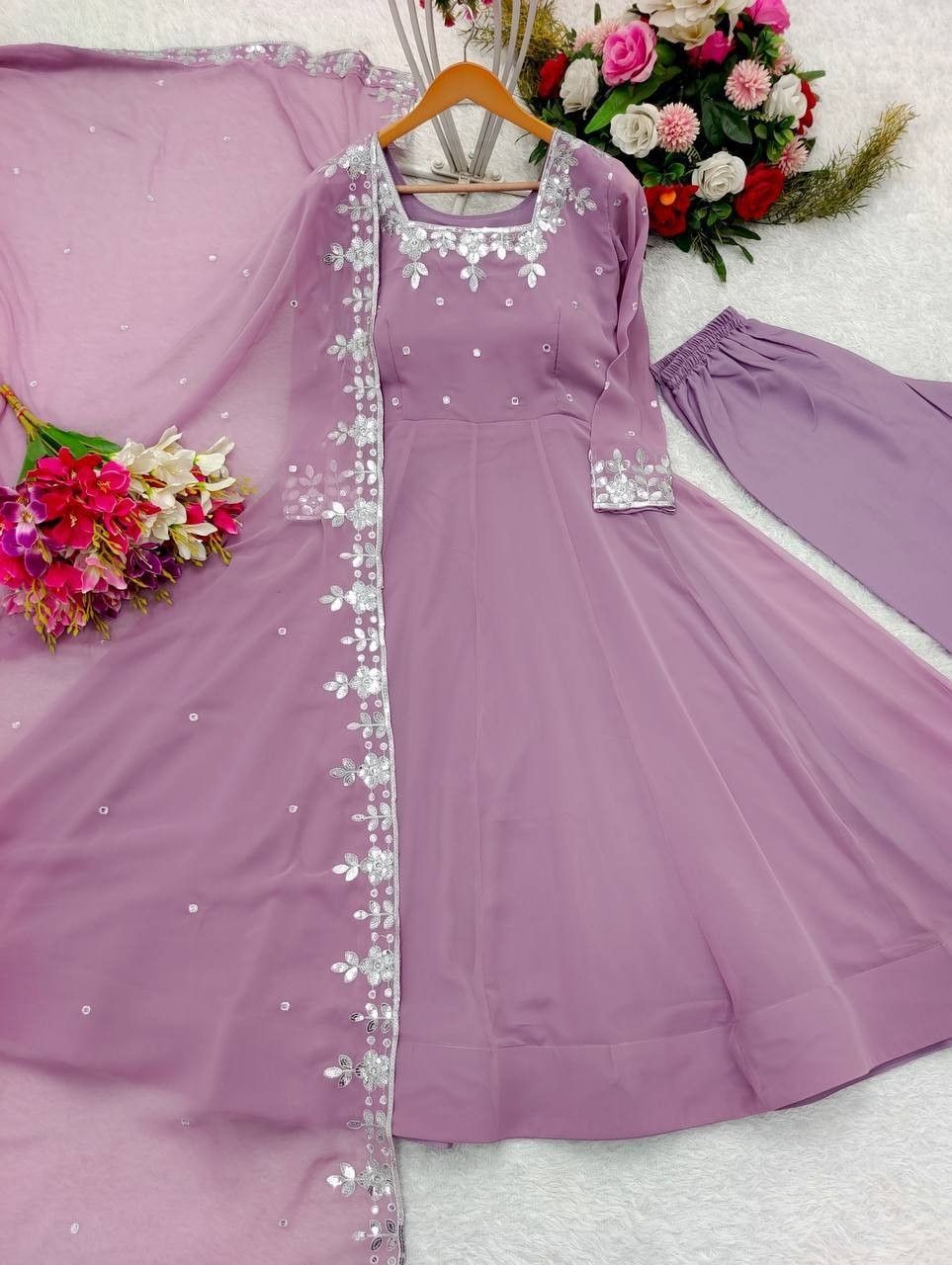 Pure Faux Georgette Lavender Gown Bottom With Dupatta For Traditional Wear