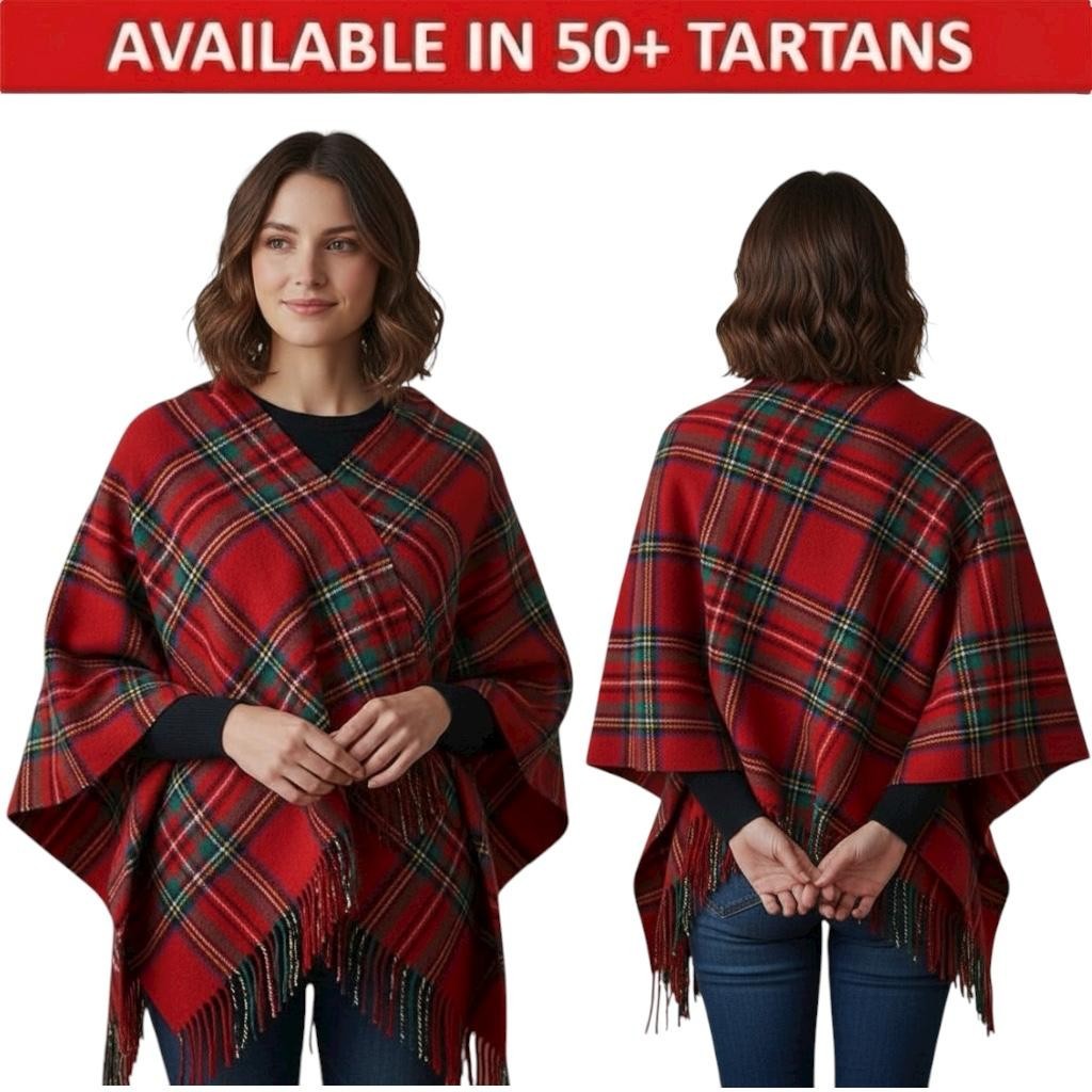 Scottish Ladies Tartan Ruana Highland Wool Cape Shawl Vintage Size (54″ X 72″)