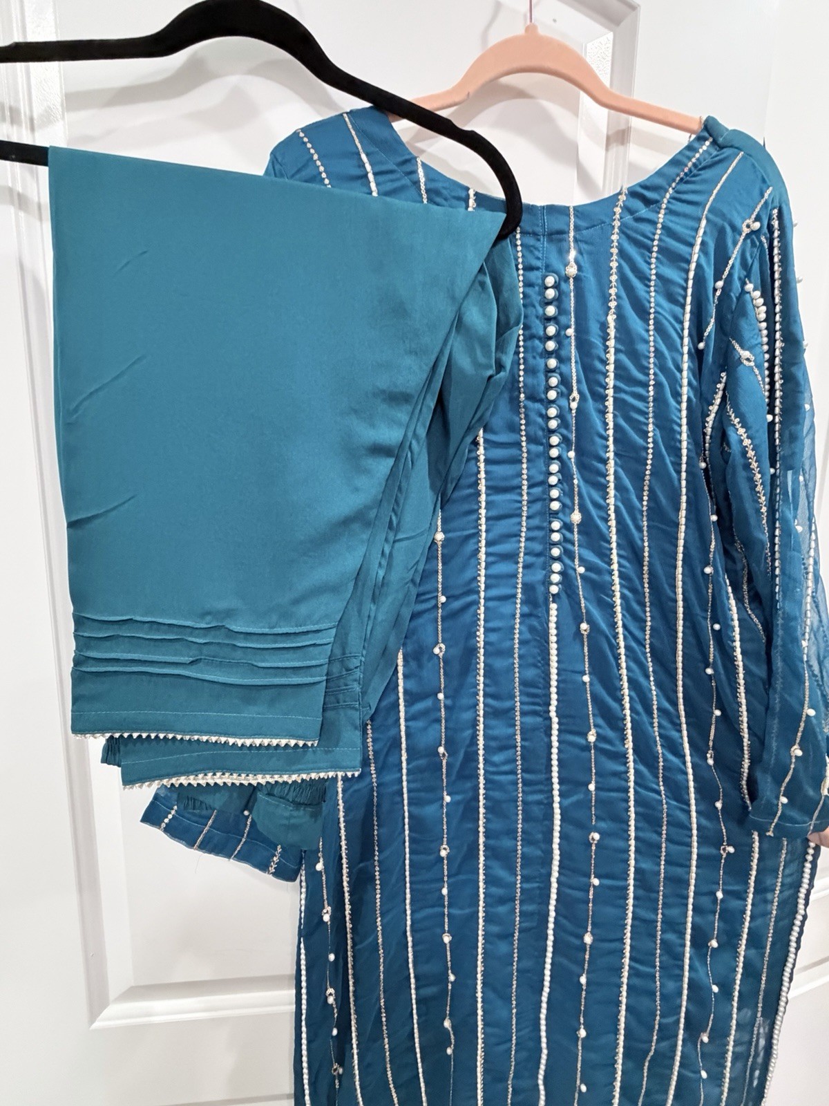 Blue Pakistani Cotton Blend Salwar Kameez Set with Pearl Bead Detailing