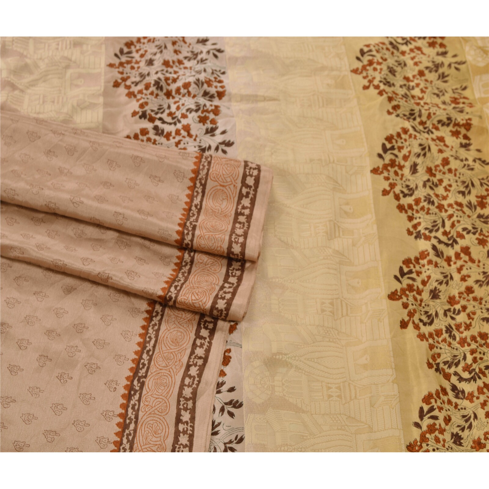 Sanskriti Vintage Fawn Sarees 100% Pure Silk Woven Craft Fabric 5 Yard Sari