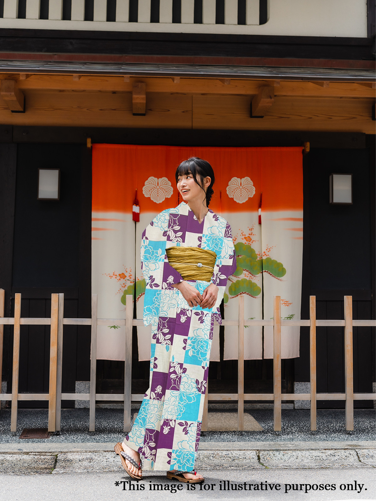 Women’s Cotton Yukata, Casual Summer Kimono – Light Blue & Purple, Peony