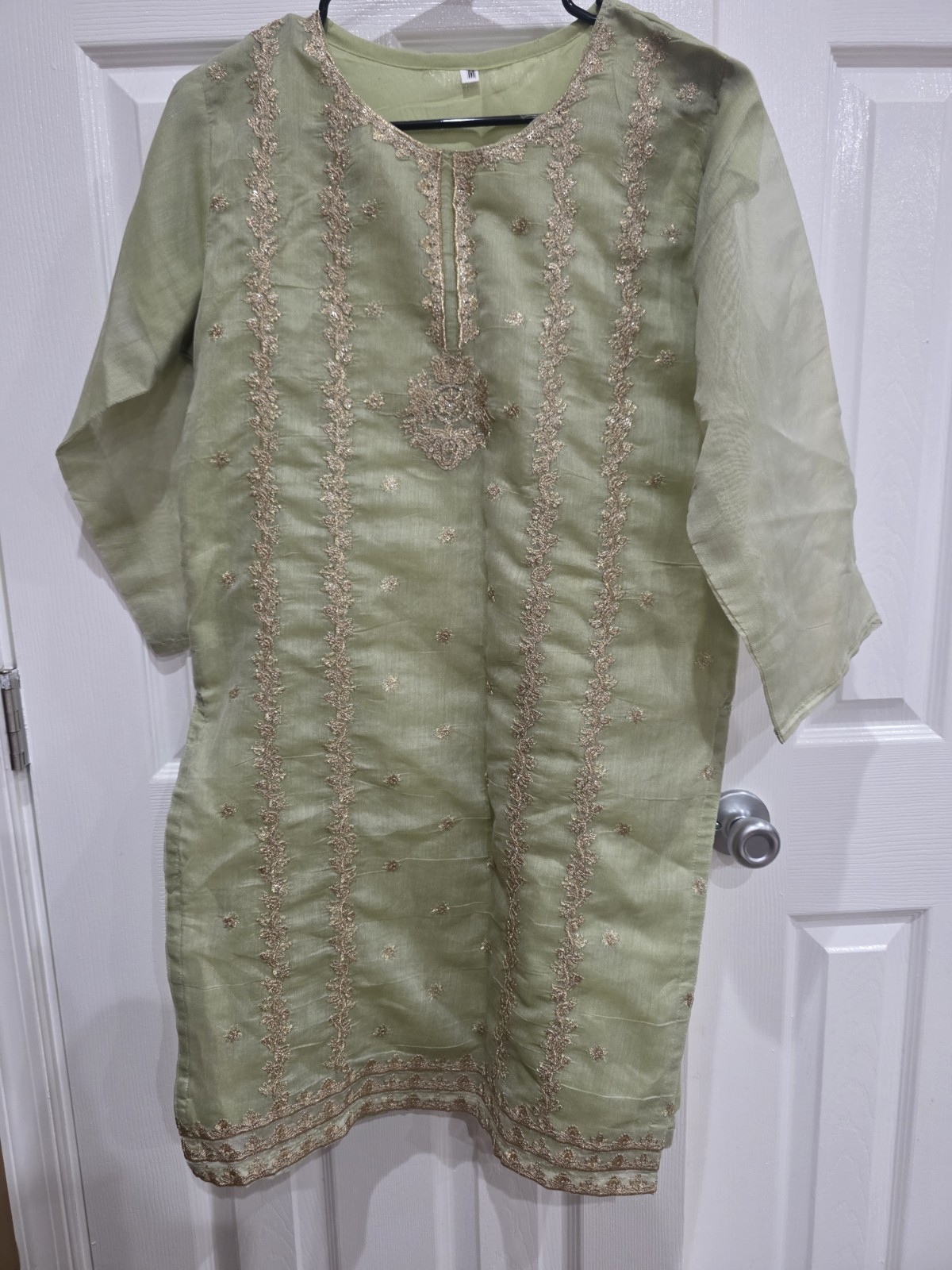 Sage Green Organza Kurti Embroidered Pakistani Indian Tunic Top Size M Festive