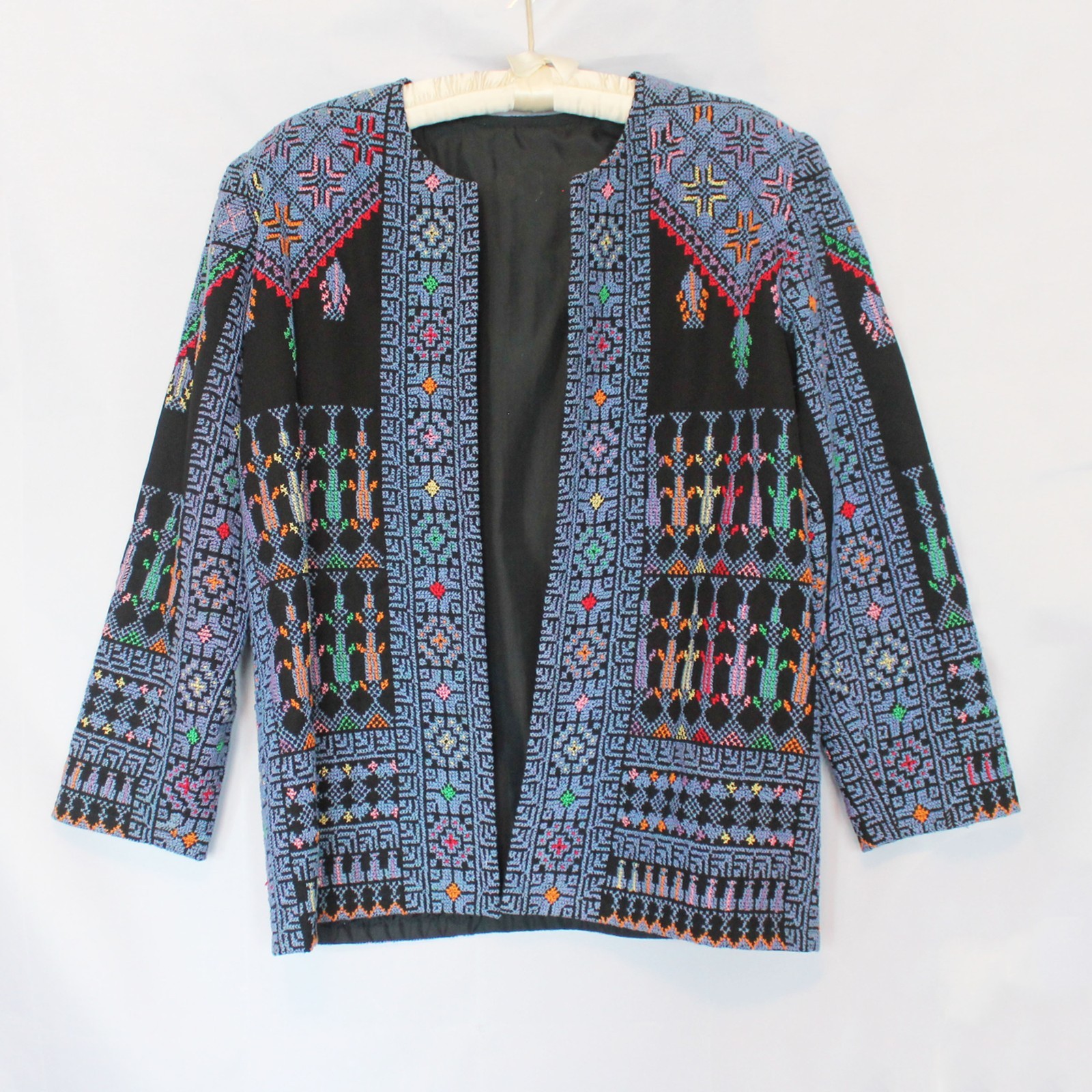 Middle Eastern Embroidered Lined Jacket / Medium to Large / Blue Cross Stitch