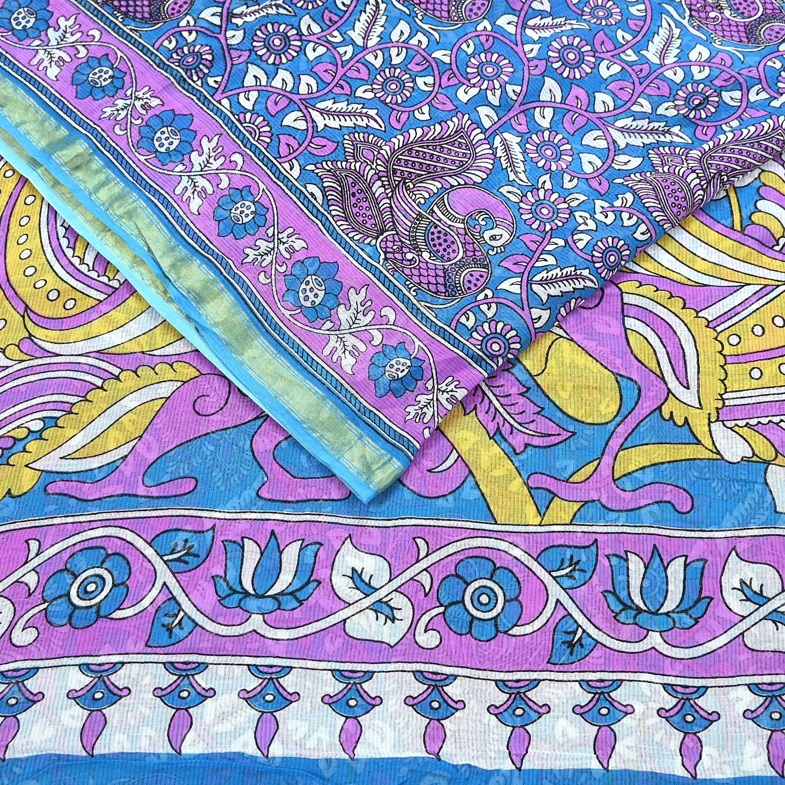 Indian Vintage Sari Blue & Purple Kalamkari Printed Pure Cotton Saree Fabric 5yd