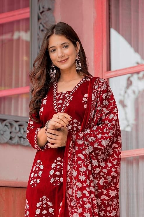 Women’s Pure Cotton Printed Straight Kurta Set with Palazzo Pants & Dupatta