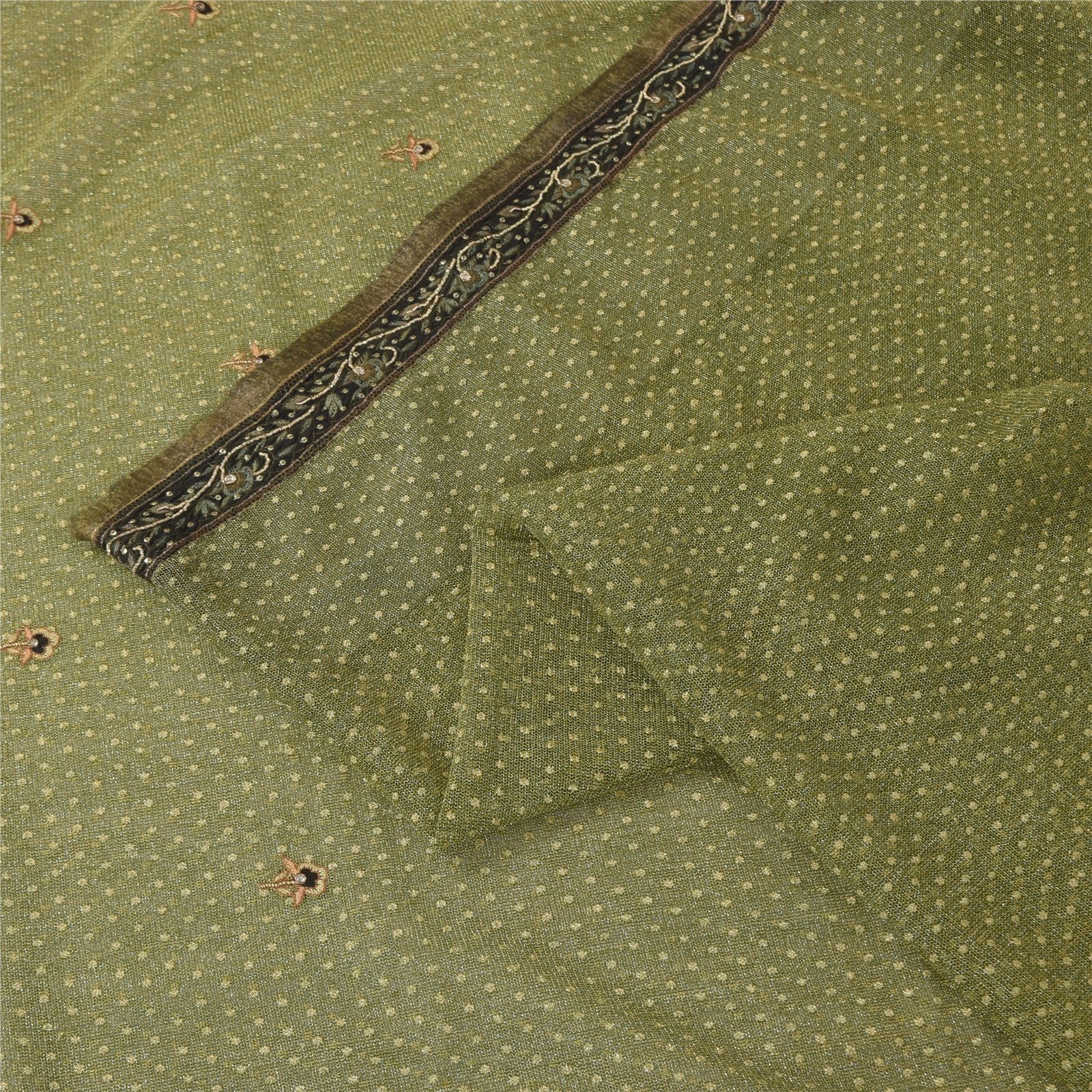 Sanskriti Vintage Green Sarees Net Mesh Hand Beaded Woven Craft Fabric Sari