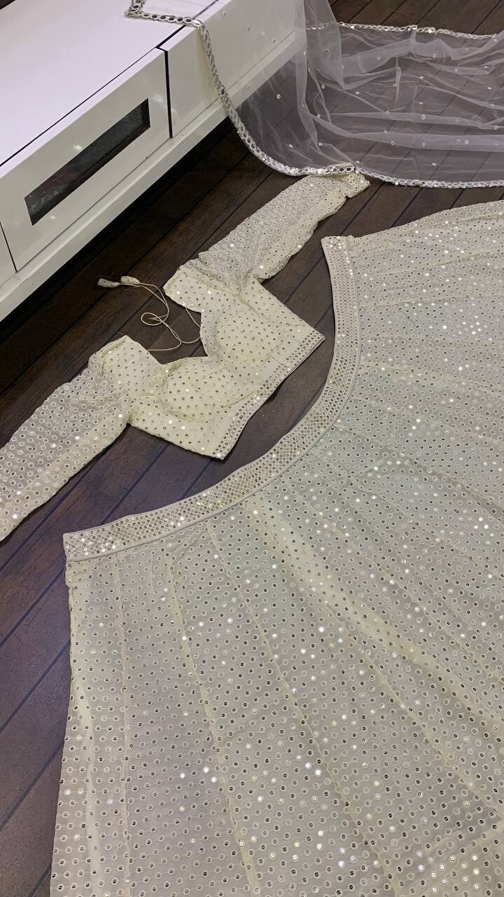 Stylish Off White Georgette Lehenga Choli With Dupatta For Indian Party