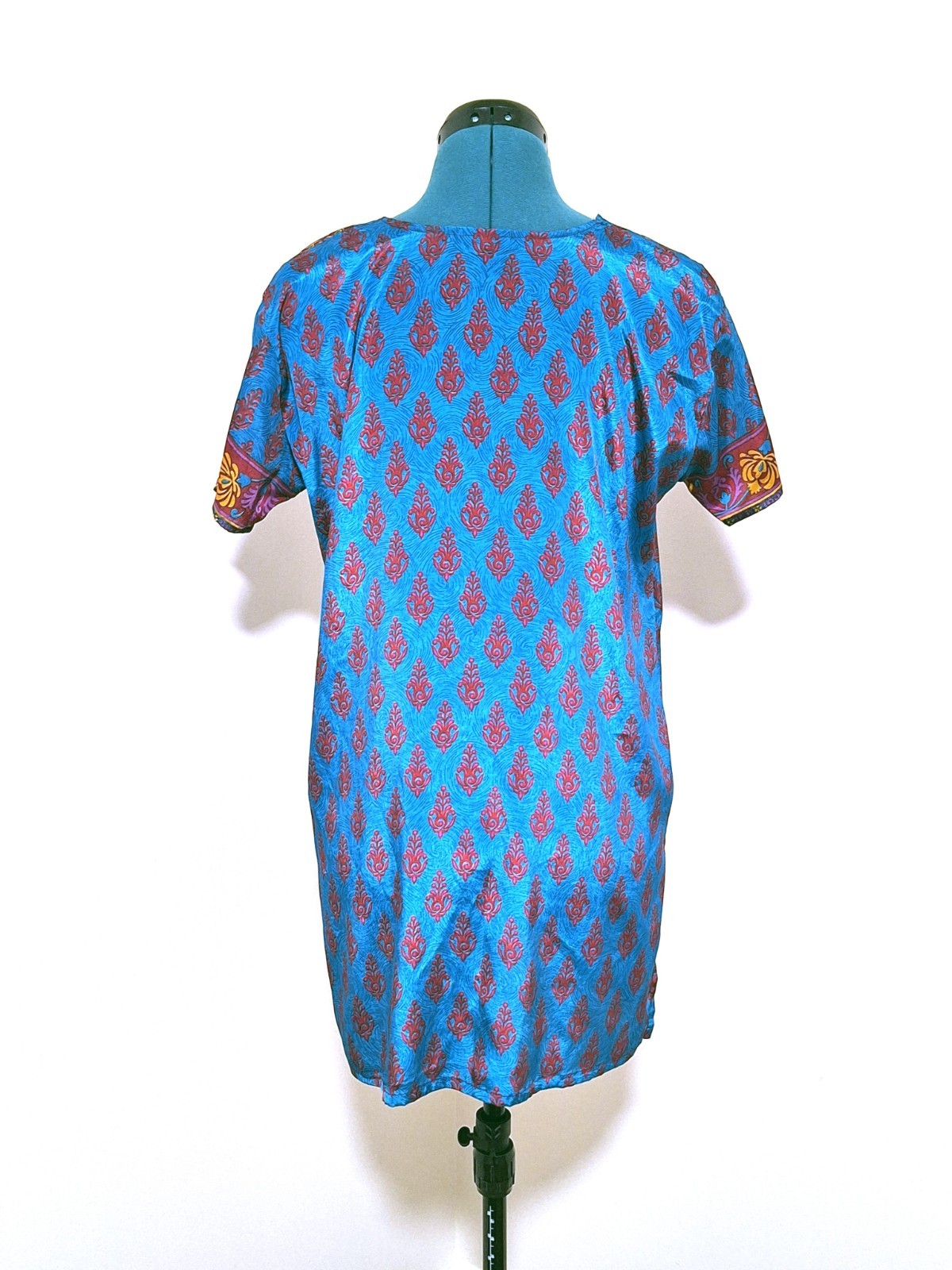 TEAL Blue boho kameez India KURTA print top SHORT SLEEVE ethnic tunic size LARGE