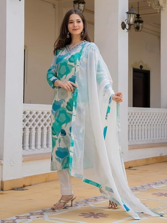 Women’s Rayon Blend Floral Straight Printed Kurta Pant With Dupatta Set | Kurta