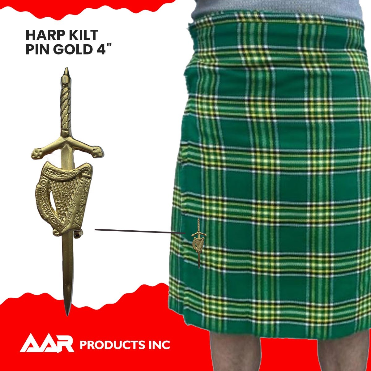 Kilt Pins Scottish Irish Celtic Harp Sword Highland Kilts Pin Gold Plated 4″ AAR