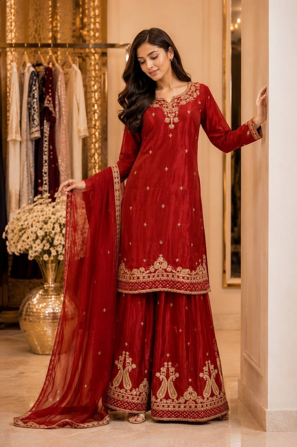 Women’s Readymade Pakistani Style Chinon Kurti Palazzo Dupatta Set Ethinic Suit