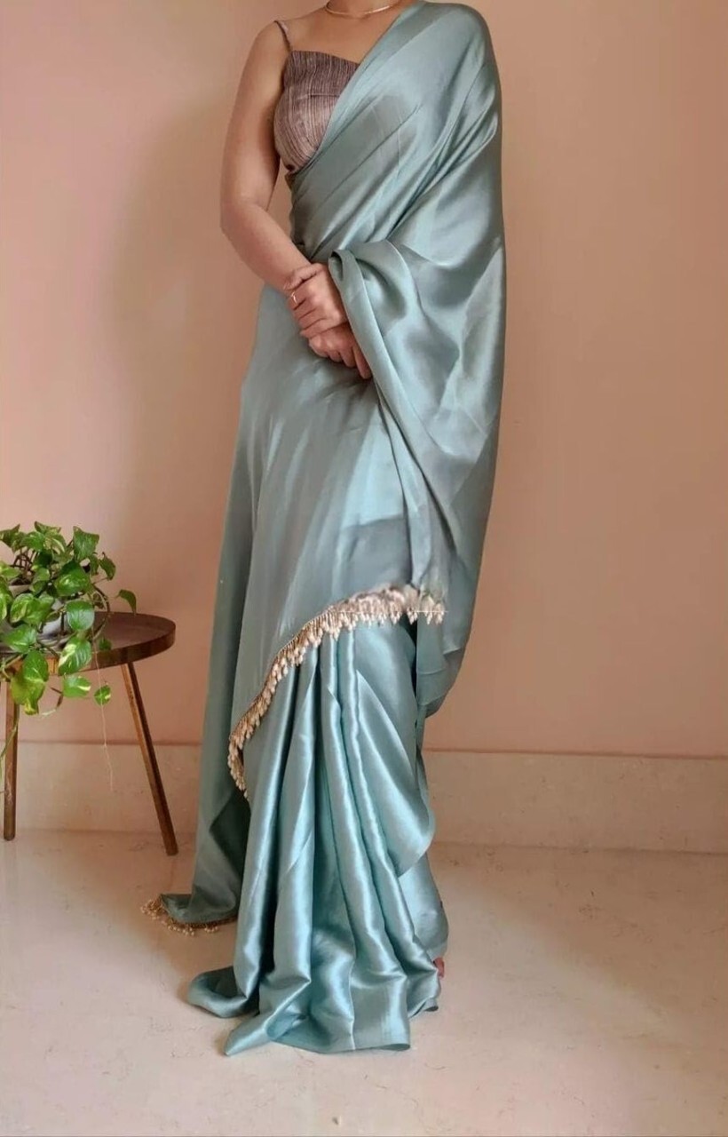 Solid/Plain Bollywood Satin, Silk Blend Saree (Light Green)