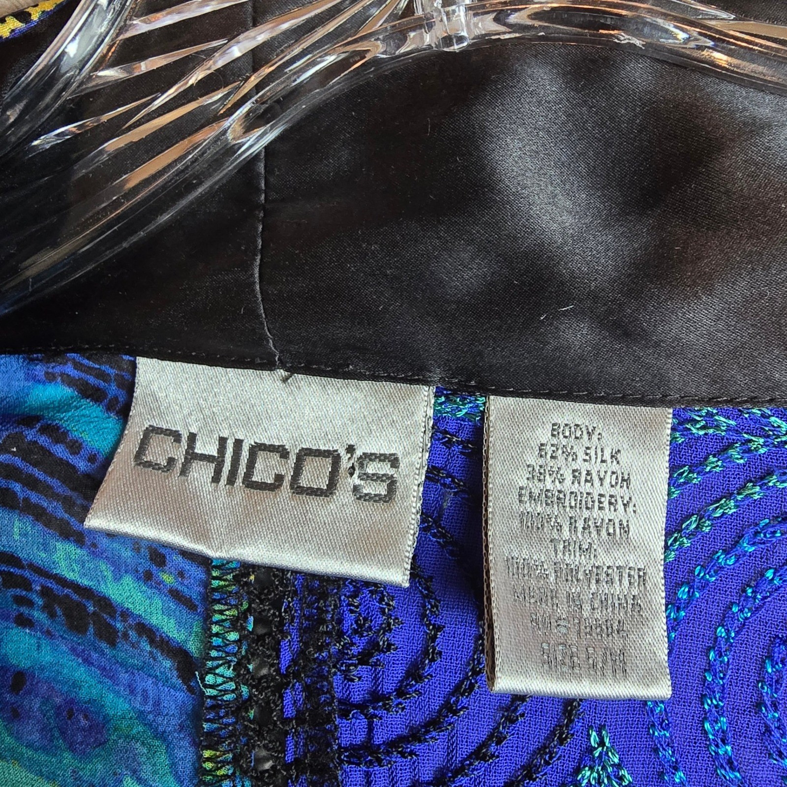 Chico’s Silk Blend Patchwork Kimono Jacket Blue Purple Burnout Velvet Size S/M
