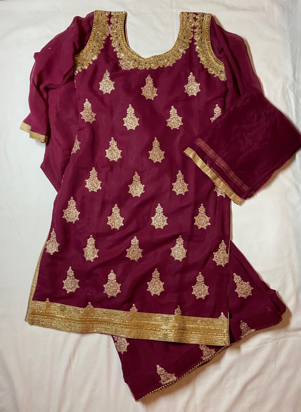 Wine Burgundy Maroon & Gold Palazzo Sharara Punjabi Partywear Suit 3 Piece Set