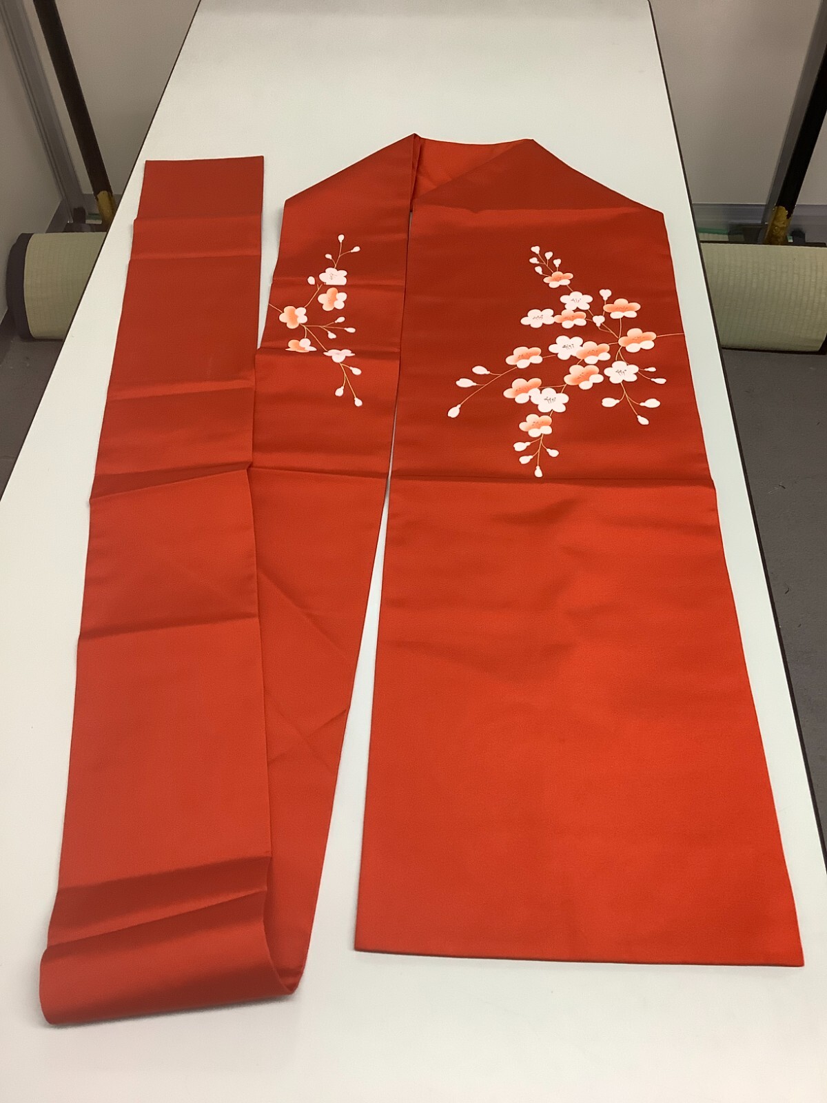 Japanese Vintage Kimono Nagoya Obi polyester red flower tradition 139.3×12.2inch