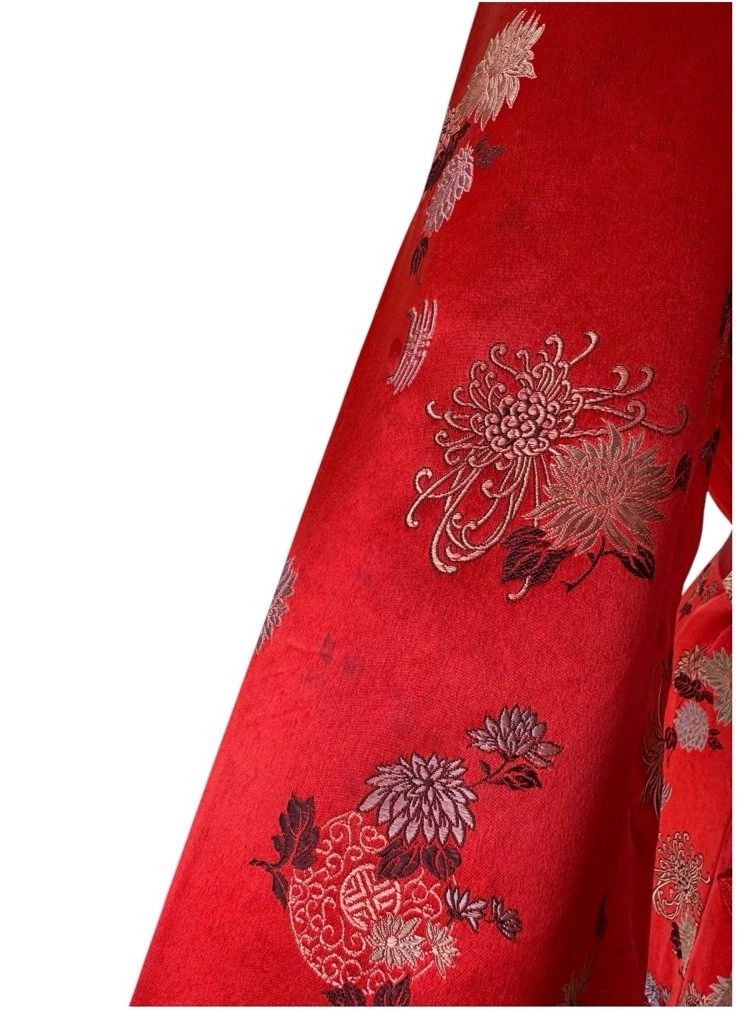 Vtg 50s Red Floral Satin Brocade Oriental Kimono Robe PEONY Sz 34 **As Is