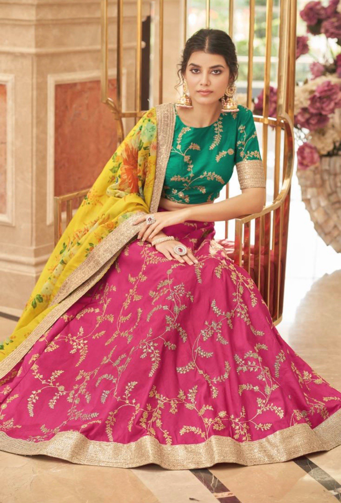 Elegant Pink &Yellow Art Silk Zari & Sequence Embroidery Work Lehenga Choli