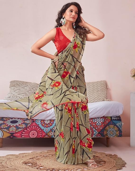 Women’s Floral Printed Georgette Saree with Unstitched Blouse Piece