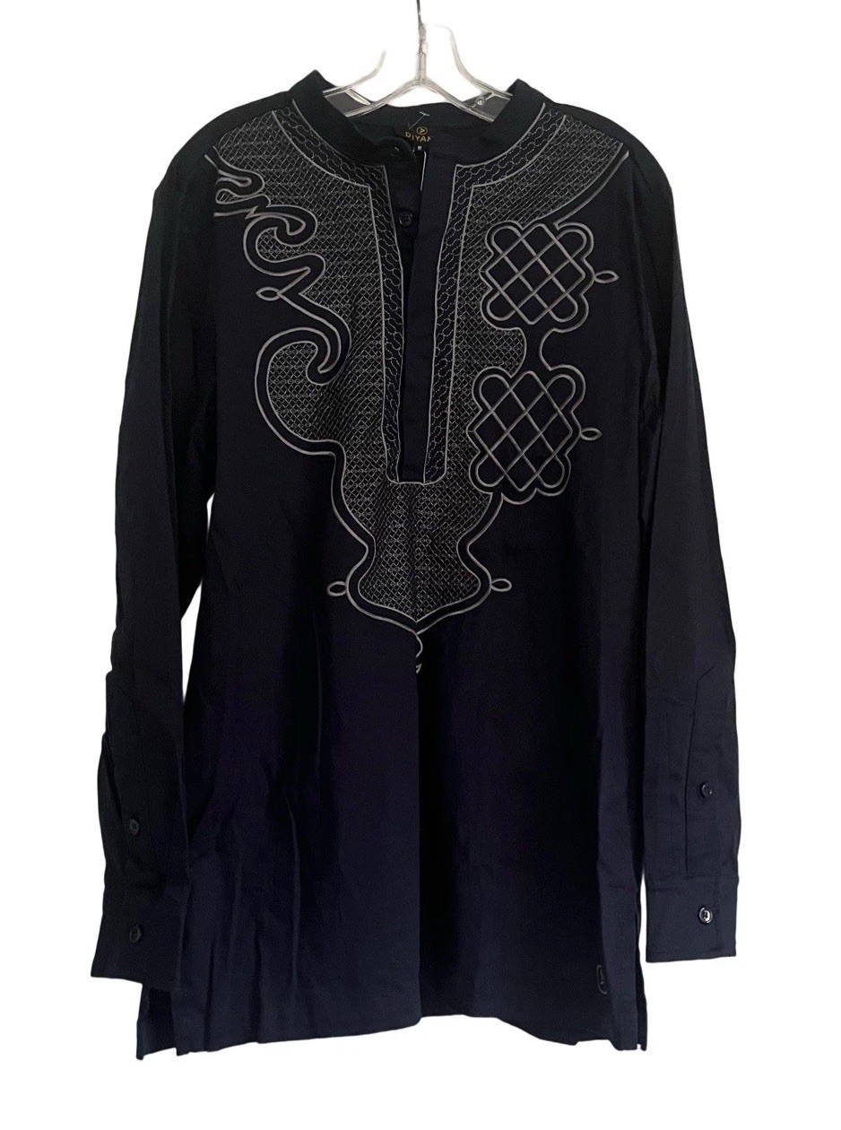 Diyanu Dubaku African Dashiki Long Sleeve Navy Blue Silver Geometric Size Med