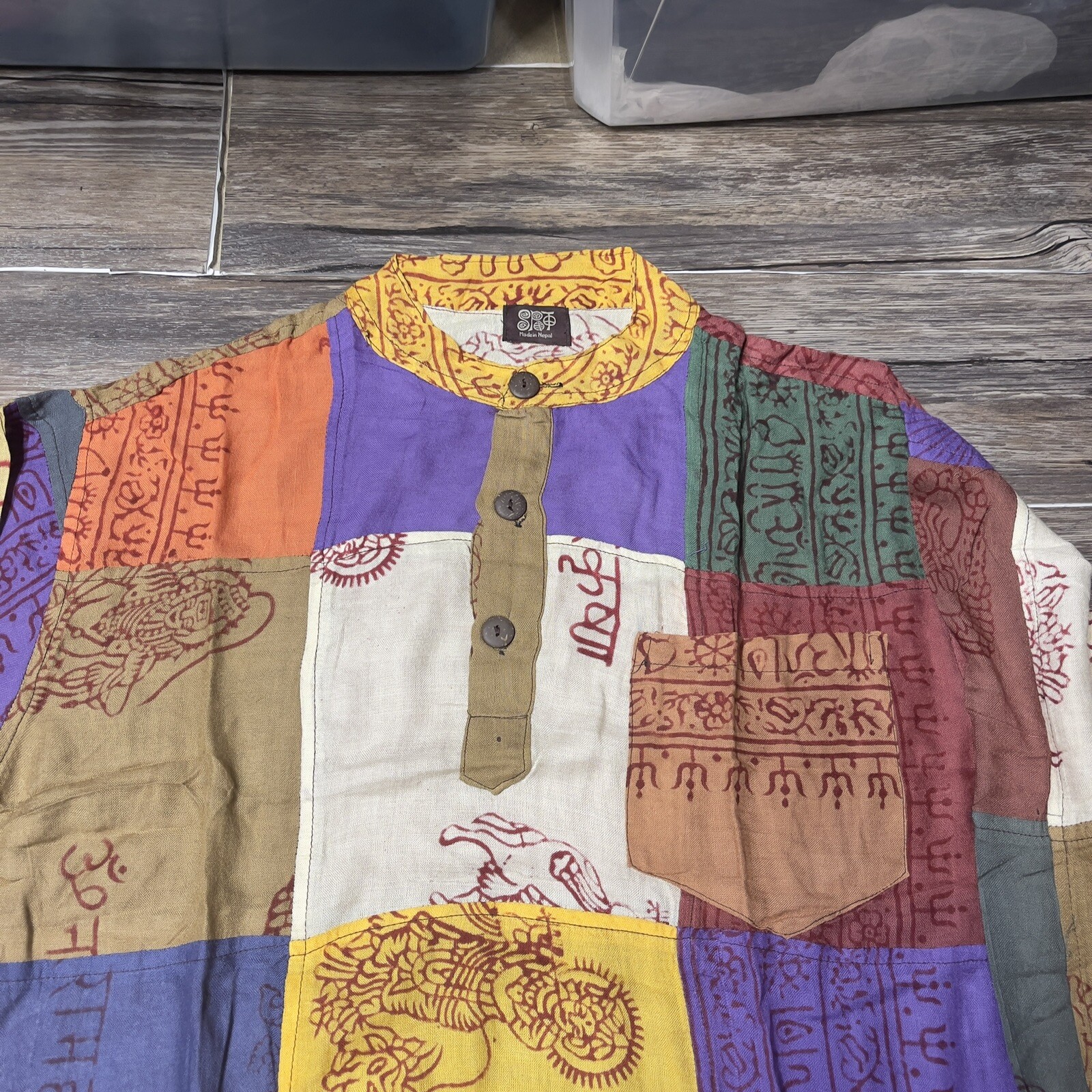Hippie Hare Rama Hare Krishna Patchwork Yoga 3 Button Shirt Top Unisex L NWOT