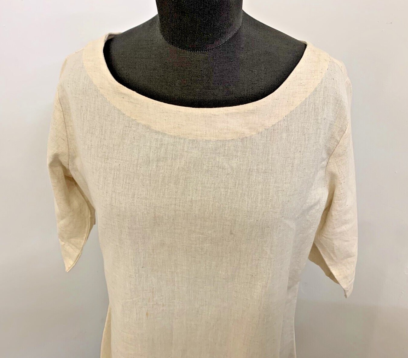 New Linen Blend Small Kurta Boat Neck Dress Utsa Long Tunic Shift Cotton Beige