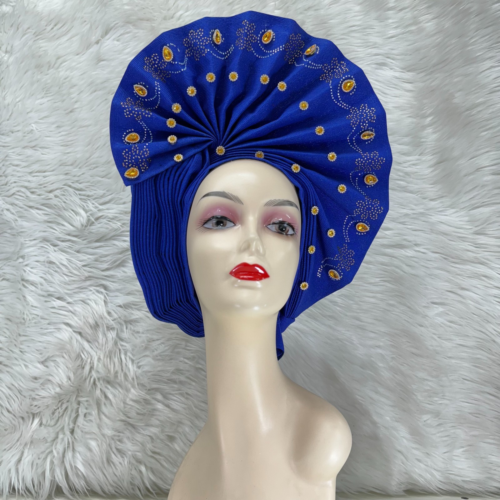 YQOINFKS African Fabrics Turban Headtie Made Aso-Oke Gele Beaded Head Wear Hat