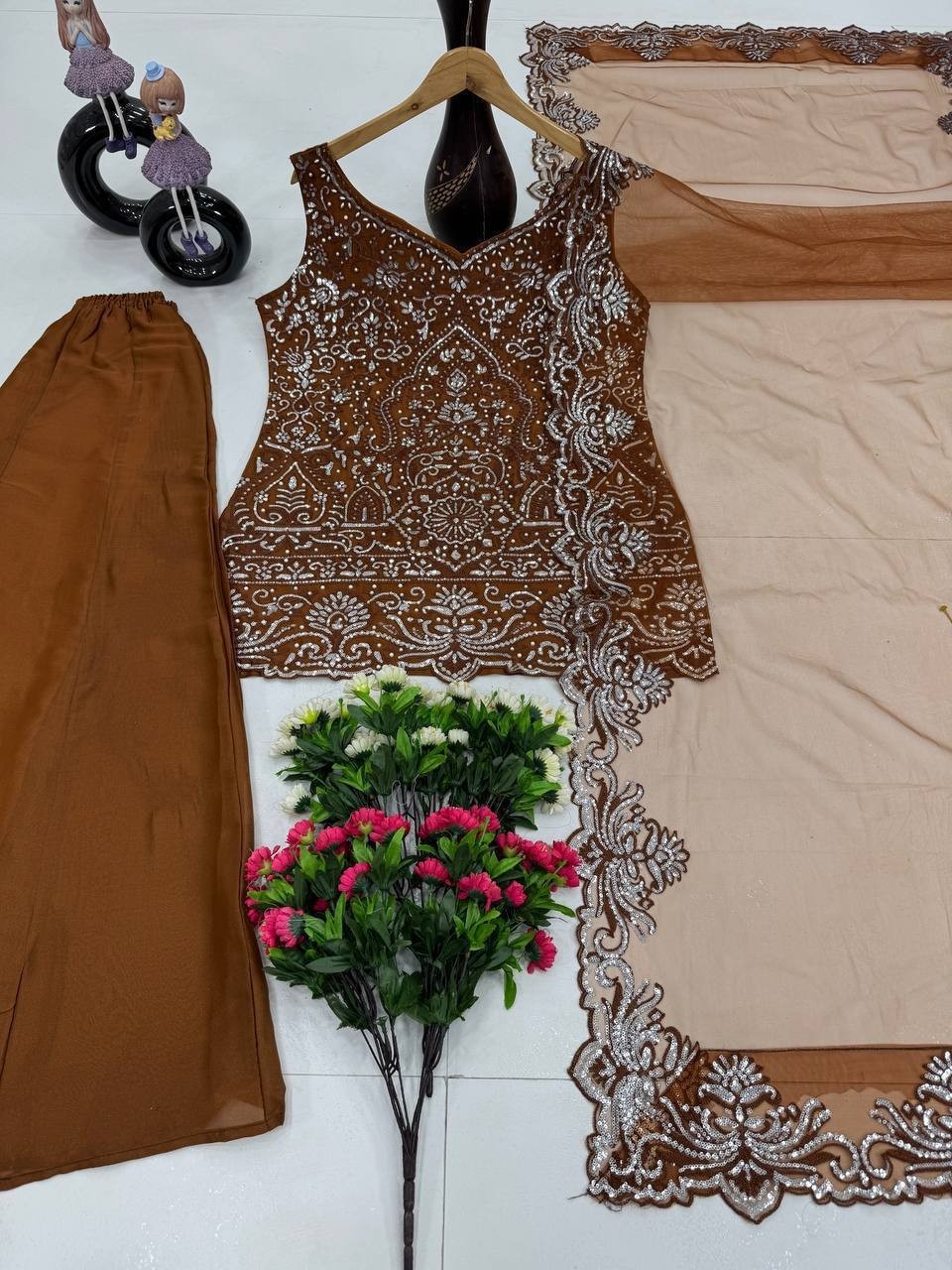 Fancy Designer Brown Georgette Kurta Palazzo With Dupatta For Women