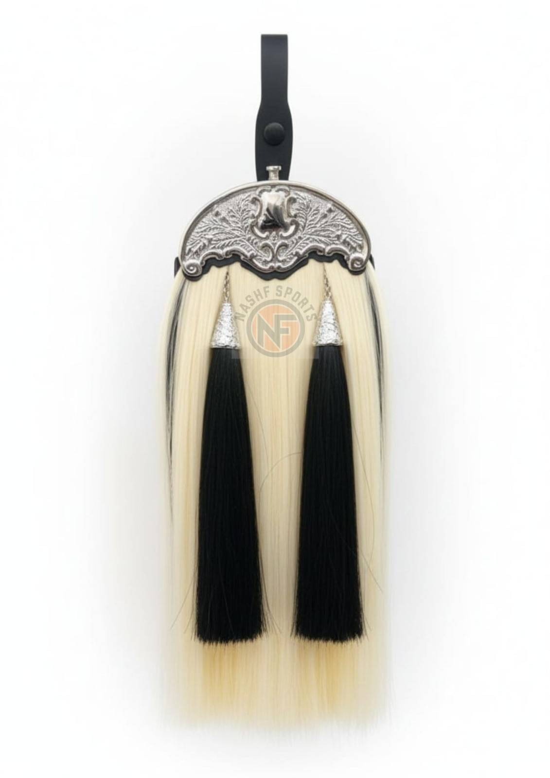 White Synthetic Horsehair Sporran with Chrome Thistle Cantle & Black Tassels