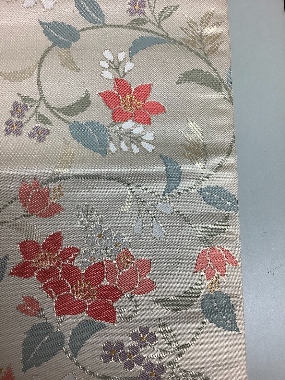 Japanese Vintage Kimono Nagoya Obi pure silk beige flower expensive 142.5×11.8in