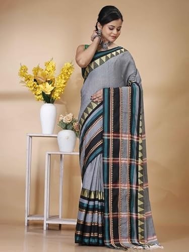 Traditional Cotton Khadi Handloom Saree Geometric Border, Cotton Blend