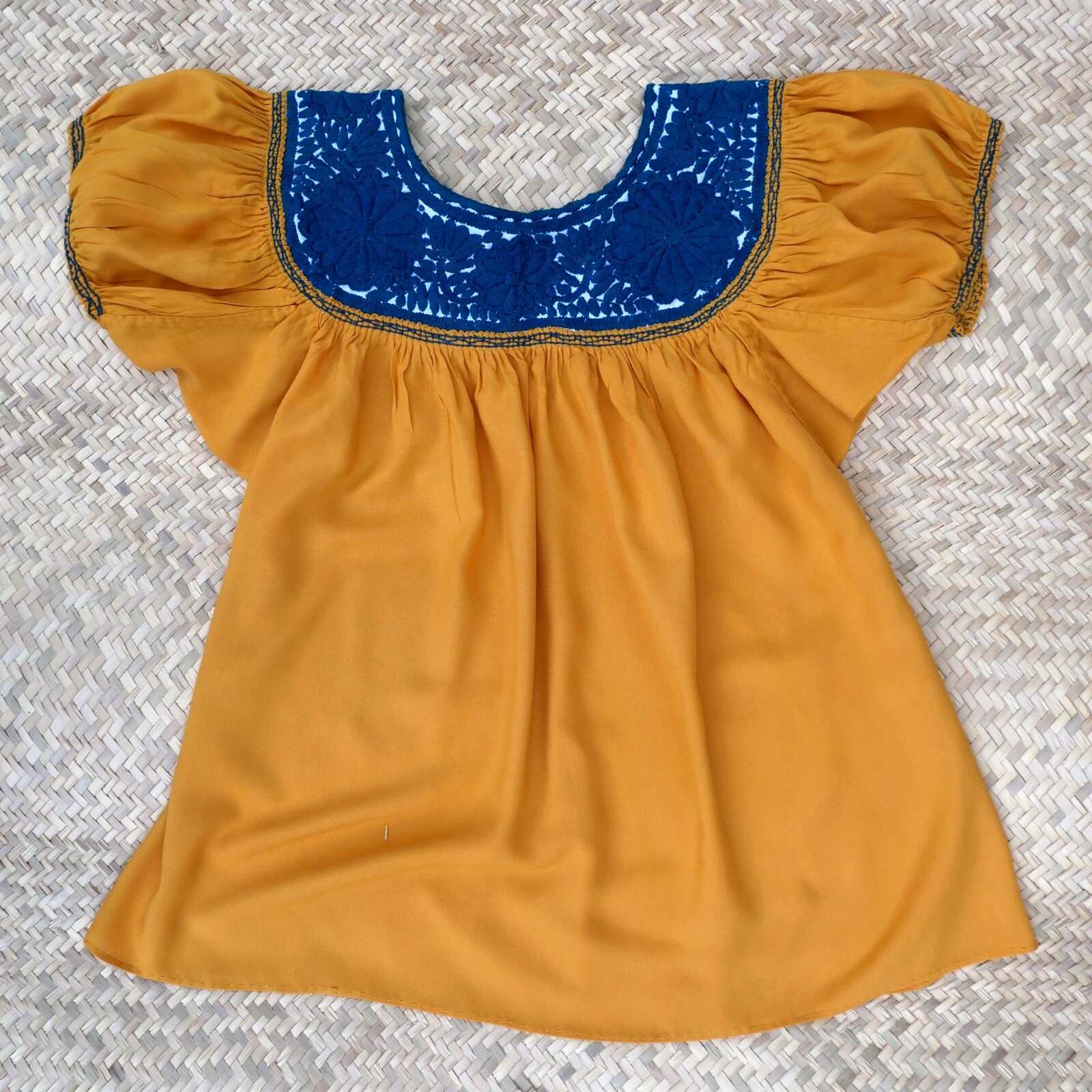 S/M Peasant Blouse Hand Embroidery Blue Flowers Gold Fabric Mayan Chiapas Mexico