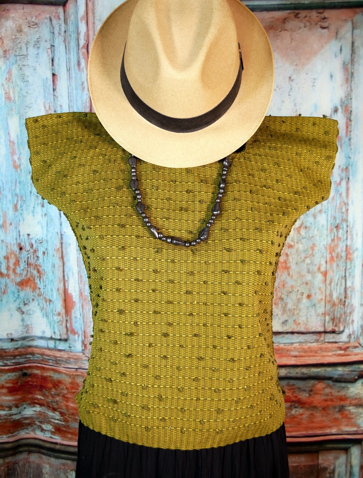 Huipil Tunic Top Handwoven Backstrap Loom Green 2 Tone Mayan Chiapas Mexico Boho