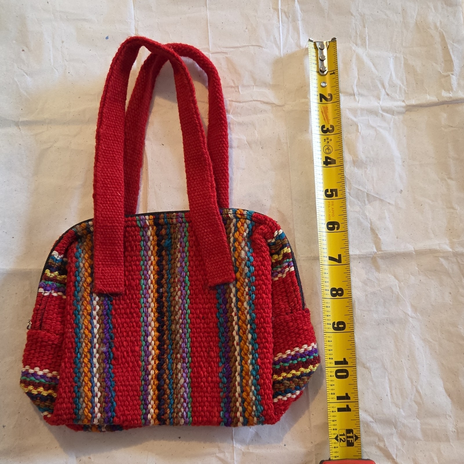 Handmade Woven Fabric Red Multi-Color Handbag Latin American Style One Size