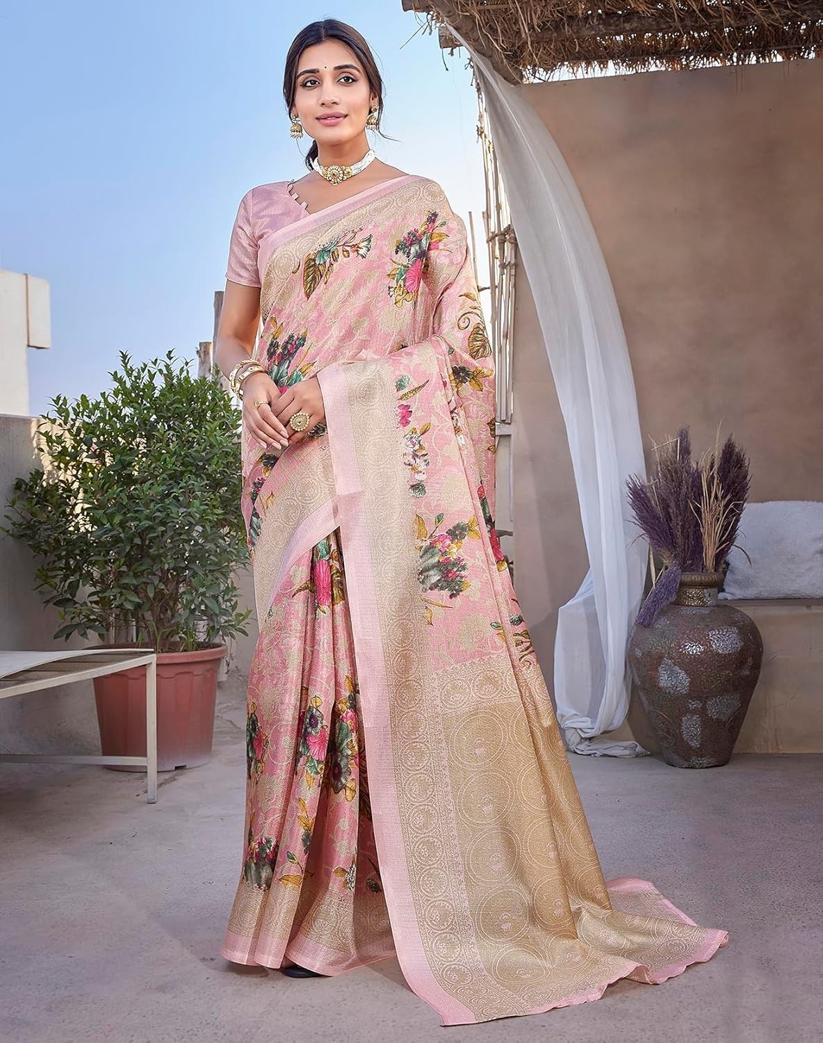 Women Art Silk Floral Printed Kanjivaram Saree with Blouse Material